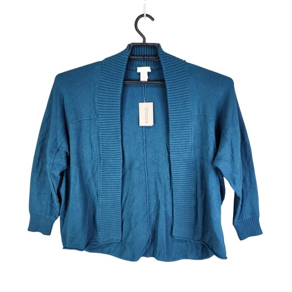 Womens Blue Chicos Open Front Cardigan Sweater Ribbed Trim Cotton Blend Size 1 - Picture 1 of 9